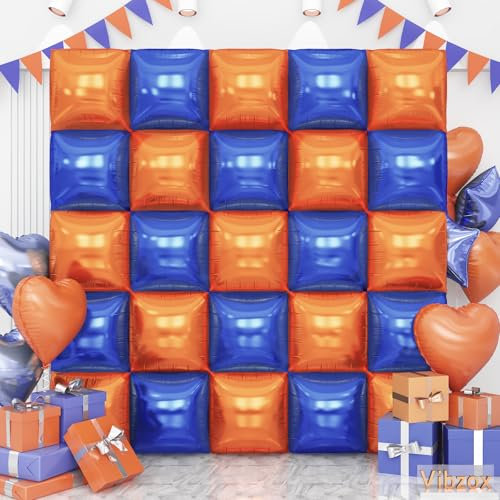 Blue and Orange Square Foil Balloons Wall, Double Sided Chrome Deep Blues and Orange Balloons Tunnel Arch Kit Backdrop for Boys Birthday Graduation Baby Shower Blue Birthday Party Decorations