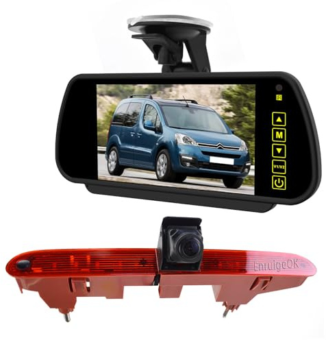 Kit de caméra de recul HD EnruigeOK avec feu de freinage de haut niveau pour Citroën Berlingo Peugeot Partner (2008-2018) - Caméra de recul arrière avec moniteur à ventouse de 17,8 cm