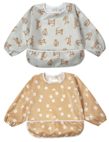 Little Dimsum Småbarnsavvänjningshaklappar - Vattentät långärmad babyförkläde overall med matfångare, justerbar stänkskyddad design lätt att torka 6-36 månader