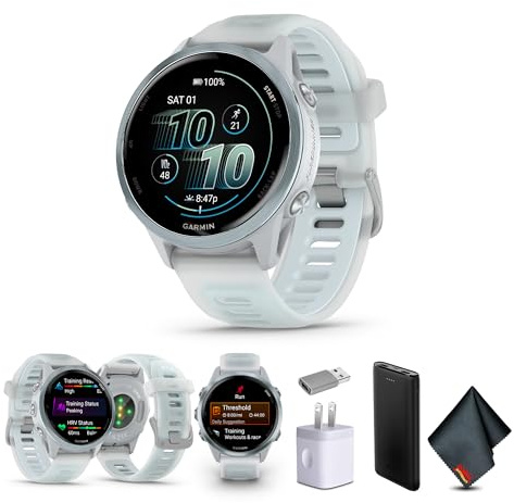 Garmin Forerunner 570 - Smartwatch da corsa, 42 mm, WiFi, GPS, fitness per uomini e donne, in alluminio blu nuvola con banda bianca traslucida e blu nuvola con P-Bank e altro