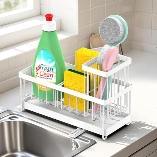 Vinsani Kitchen Sink Caddy Organiser with Auto-Draining Tray – Removable Stainless Steel Sink Tidy with Divider & Brush Holder – No Drilling, Flexible Setup Sponge Holder Rack for Countertop (White)