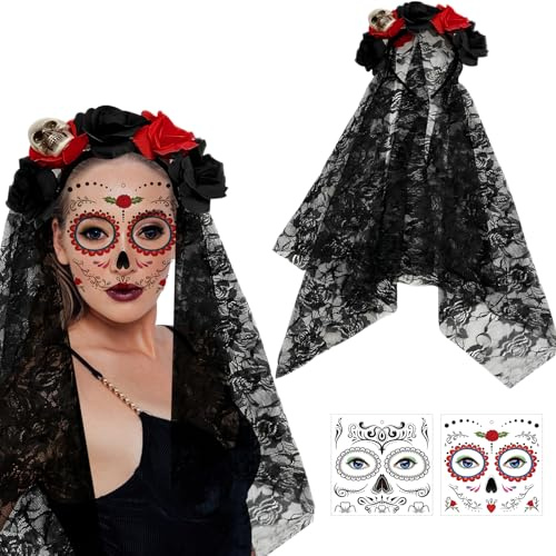 XMDROU Tag Der Toten Haarreif, mit 2 Halloween Gesichtstattoo Muertos Mexikanische Stirnband Halloween Rosen Totenkopf Kopfschmuck Schleier Karneval Fasching Damen Kostüm Schminke Accessoires