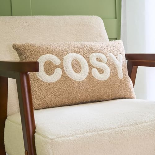 OHS Back Support Cushions Throw Pillow for Couch Sofa Bed Ultra Soft Boucle Fabric Scatter Cushion Cosy Slogan Print Decorative Seating Cushion, Natural - 50 x 30cm