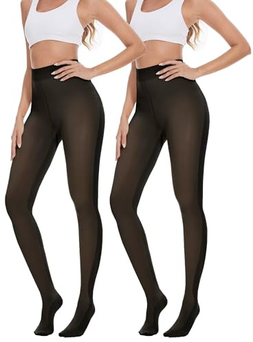 CAMPSNAIL 2 Pairs Womens Fleece Lined Tights Thermal Fake Sheer Leggings High Waisted Slimming Opaque Pantyhose Ladies Thick Warm Winter Stretch Stockings