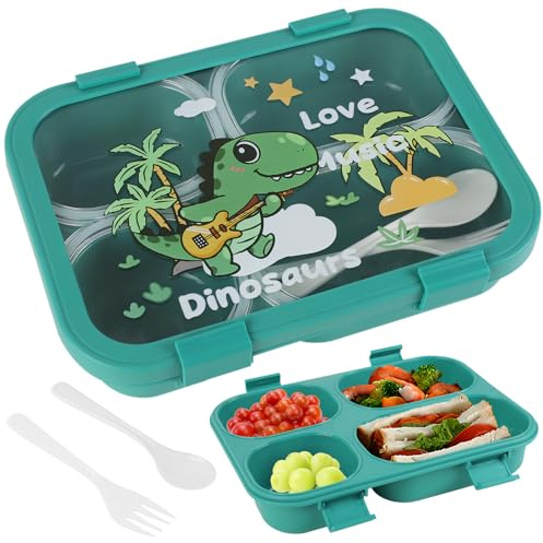 Lvjkes Fiambrera infantil con 4 compartimentos, 1100ml Caja almuerzo infantil con cubiertos, Para microondas y lavavajillas, Sin BPA, reutilizable (Dinosaurio, Verde)