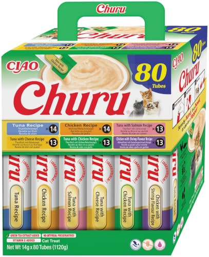 INABA Churu krämig kattmat i 6 sorter med kyckling tonfisk - 80 pinnar x 14 g - kattmat slickande, hälsosam och utsökt - kattsnacks utan konserveringsmedel eller konstgjorda färgämnen, Grain-Free