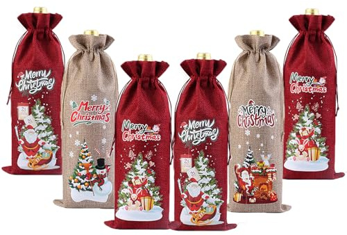 Posoto Burlap Wine Bags Decoration, 6 Pack Christmas Bottle Bags Hessian for Winter Holiday Party Supplies