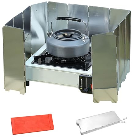 Pare-brise de réchaud de camping, pliable en aluminium léger de 16 Plaques Pare, pare-brise de réchaud à gaz de camping pour barbecue extérieur, four et cuisinière à gaz (avec boîte de rangement)