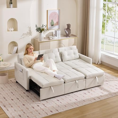 ZIDEY Schlafsofa mit Schlaffunktion und verstellbar Rückenlehne, Ecksofa, modularer Sofa mit Kissen und Seitentasche, Klappsofa Sofabett, Schlafcouch für Wohnungen Wohnzimmer, Beige