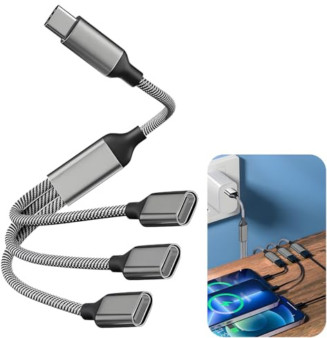 Zerabidpro Cable Divisor USB C, Macho a Triple Hembra Tipo C con Carga Rápida PD 60W, Transferencia de Datos y OTG para iPhone 16/15, Pro/Pro MAX/Plus, iPad, Samsung, Pixel y Más - Gris