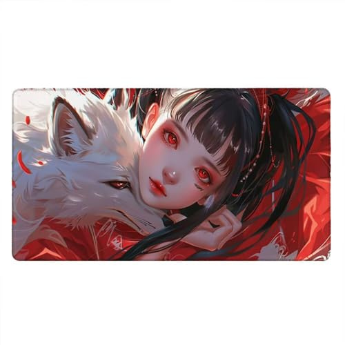 Large Gaming Mouse Mat 1600 x 800 x 3MM XL Extended Desk Pad, Gaming Keyboard Mousepad Waterproof, Big Mouse Pad with Non-Slip Base and Stitched Edge, Office Home Computer Keyboard (Girl Fox) xR2-617