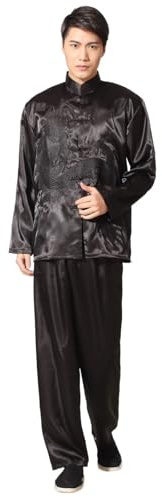 DUBTEDHOU Tai-Chi-Anzug, Herren-Satin-Kung-Fu-Anzug, Stickerei, Drachen-Tai-Chi-Uniform, Mehrfarbig, mehrere Größen(Black,XL)