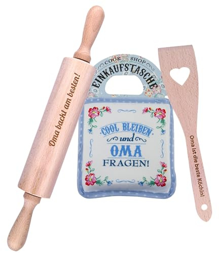 3-teiliges Geschenkset Oma backt am besten Teigroller Tasche