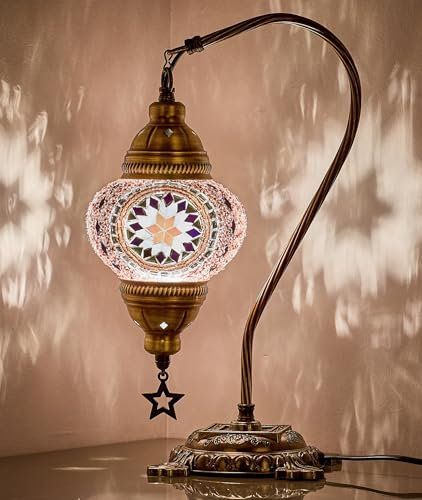 DEMMEX Authentic Turkish Lamp, Made in Turkey, Turkish Moroccan Mosaic Table Bedside Lamp, 100% Handcrafted, Antique Brass Color Metal Body and Decorated Metal Base, 15, Purple