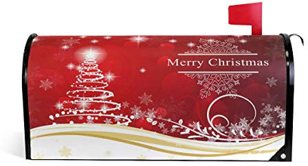 Wamika Briefkasten-Abdeckung, Motiv Merry Christmas Tree, magnetisch, mit roten Bällen, Schnee, Standardgröße, für den Garten, Zuhause
