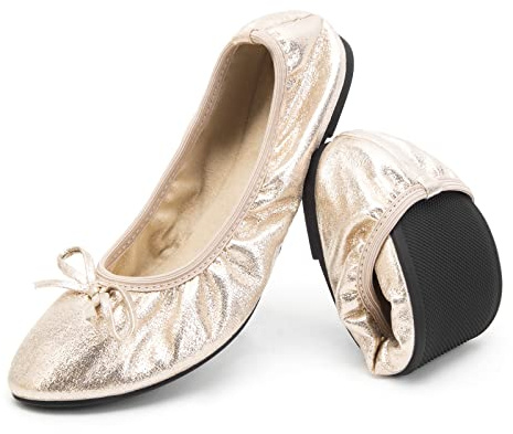 Greatonu Ballerines Femme Plates Ballerines Pliable Bout Fermé Chaussures Pointe Ronde avec Semelle Souple - Parfait pour Les Mariages et Les fêtes-Oro-37