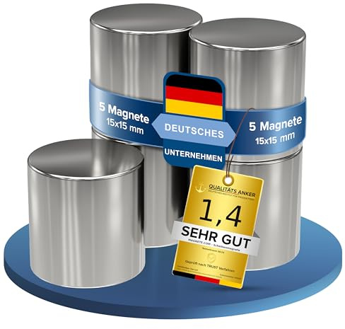5x Neodym Power Magnet silber - Scheibenmagnet extra stark rund - Durchmesser 15x15mm hoch - starke Magnete Supermagnet - Haftkraft ca. 10 kg - Magnete für Whiteboard, Pinnwand, Magnettafel, Werkstatt