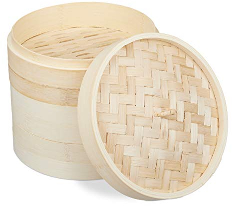 Relaxdays 10031463 Vaporera Bambú, 3 Niveles, Cesta para Cocer Arroz o Verduras, para Preparar Comida Asiática, Ø 24 cm, Natural