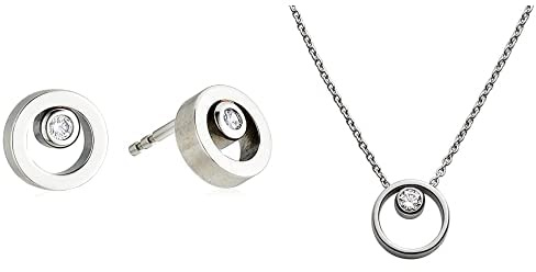 SKAGEN Damen-Ohrringe Edelstahl Rundschliff Cubic Zirconia + Skagen Damen-Kette mit Anhänger Edelstahl Glas transparent 47 cm - SKJ0833040