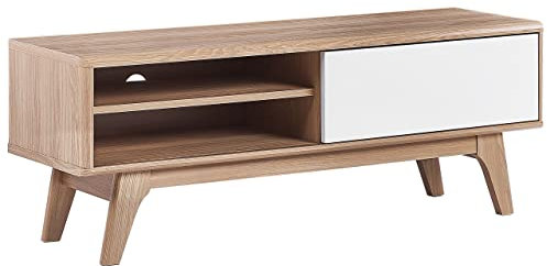 Meuble TV Bois Clair en MDF avec Porte Coulissante Blanche Trous à Câbles Buffalo