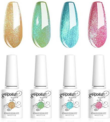 Vishine Set di Smalti per Unghie, 4 Colori Ologramma Oro Verde Blu Rosa Glitter Semipermanente UV LED Soak Off Nail Art Manicure Fai da Te C031