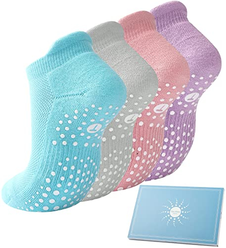 4 Paar Sneaker Yoga Socken Damen Stoppersocken, Pilates Rutschfeste Socken Antirutschsocken Mädchen für Trampolin Zuhause Fitness Krankenhaus Bunt 39-42