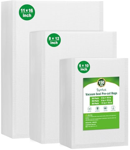 Syntus Vacuum Sealer Bags, 150 Gallon 11 x 16 and Quart 8 x 12 and Pint 6 x 10 Commercial Grade PreCut Bag, BPA Free Food Vac Bags for Storage, Meal Prep or Sous Vide