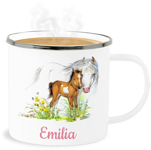Emaille Becher Blechbecher - Pferd und Fohlen mit Name personalisiert I Geschenk Pferde Mädchen I Pferdeliebhaber - 300 ml - Weiß Silber - tasse pferdemotiv emaille+tasse+kinder+personalisiert