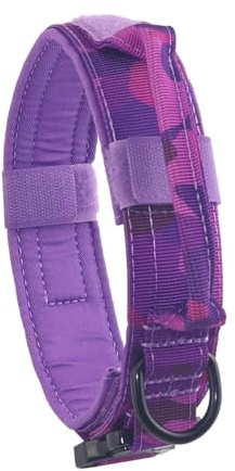 Yunleparks Tactical Dog Collar with Heavy Duty Metal Buckle and Control Handle for Medium Large Dogs Training(Purple Camo, Large)