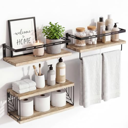 Fixwal Bathroom Shelves Over Toilet, Floating Shelves Wall Mounted with Metal Frame and Towel Bar for Bathroom, Kitchen, Bedroom, Living Room (3 Plus 1 Rustic Brown)