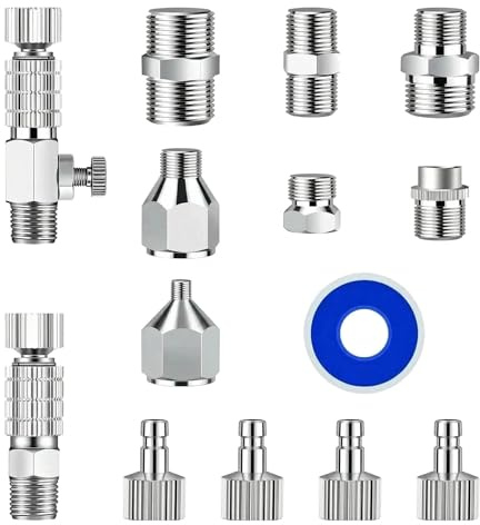 Magicrose 14pcs Complete Airbrush Adapter Set, Universal Quick Disconnect Kit with Pressure Regulator & 4 Male Plugs, 1/8 & 1/4 BSP Connector Assortment + Leak-Proof PTFE Tape