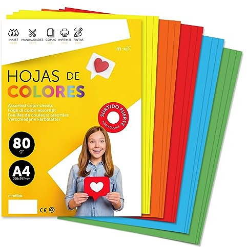 Folios de colores A4, Papel colorido 80gr ideal para hacer Manualidades y Decoraciones, de Colores para Imprimir tus Documentos y Diseños Creativos, Folios A4 · m-office (50h, Surtido Fuerte)