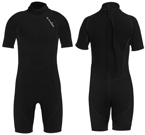 OMGear Wetsuit for Children 3mm Neoprene Shorty Suit Black Short Sleeve Dive Suit Thermal Swimwear Kids Junior Boys Scuba Diving Surfing Snorkeling Gear(Kid ShortBlack09,8)