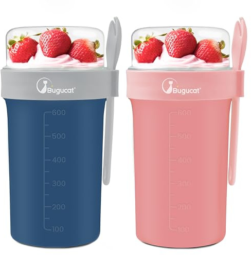 Bugucat övernattningsburkar, 2 set, havrebehållare för övernattning med lock och sked, läckagesäker yoghurtkopp och flingkopp med mätmärken, salladsförvaringsbehållare för mjölk flingfrukt, blå och