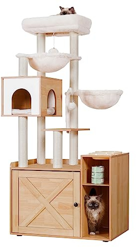 Hey-brother Árbol rascador con caja de arena, moderna torre para gatos de vivienda con gran plataforma, comedero y 2 hamacas, muebles para gatos todo en uno, madera de nogal EMPJ115WB
