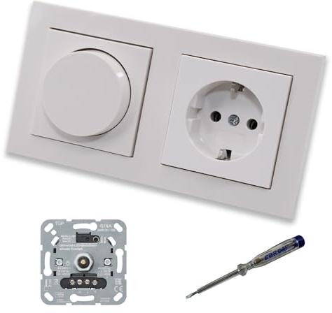 GIRA 245500 LED Drehdimmer Dimmer + Dimmerscheibe Zentralscheibe 065003 und Steckdose 418803 in Gira E2 reinweiß glänzend inklusive EBROM Phasenprüfer zur Montage der Geräte