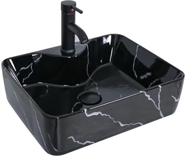 ZealWe Waschbecken Aufsatzwaschbecken Keramik, Waschbecken Aufsatz Waschschale Eckig für Badezimmer, Handwaschbecken Gäste WC 48 × 38 × 13,5 cm Waschtisch Waschplatz Schwarz