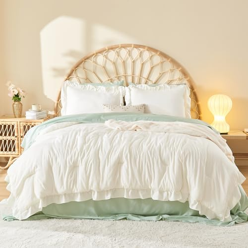 Litanika Set completo di biancheria da letto con volant, 3 pezzi, beige con volant, estetico, leggero e soffice in microfibra (piumone da 190 x 228 cm, 2 federe)
