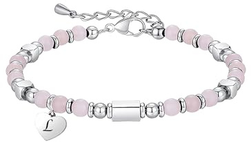 HAYOUWAY Geschenke für Mädchen Armband mit Buchstaben Rosenquarz Armband | Edelstein Armbänder Perlenarmband Damen Geburtstag Weihnachten Einschulung Geschenk Teenager Mädchen Geschenke für Sie Frauen