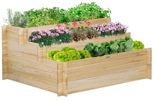 Outsunny Blomlåda på ben med 3 nivåer fyrkantig trädgårdsträdgård med 9 fack i non-woven tyg och granträ dim. 117 L x 100 l x 54 H cm naturligt trä