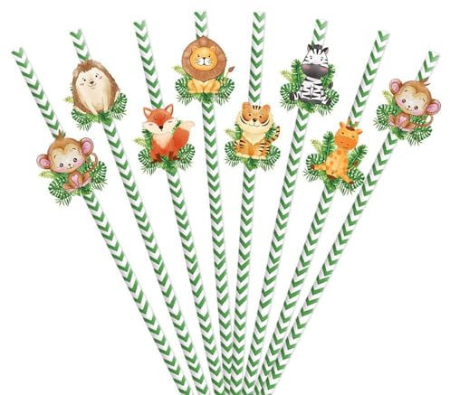 Ancaiqi Straws,Jungle Animal Theme Disposable Paper Straw Party Decoration Prop,Cocktail Straws,Party Beverage Decoration（24pcs）