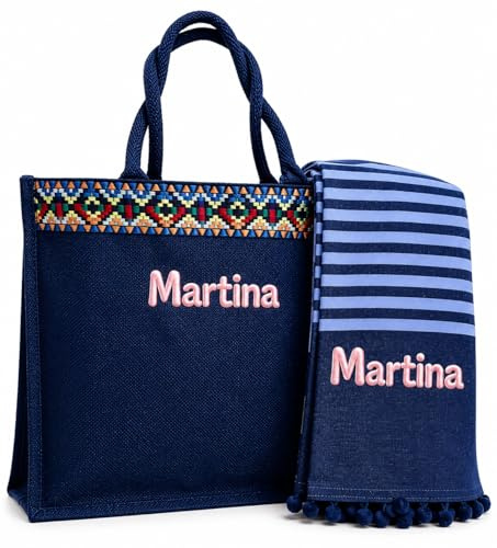 AmiAmarena Borsa spiaggia e telo mare personalizzate con ricamo. Set 2 pezzi, borsa mare e telo da donna.