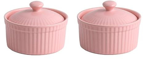 UIOPPOI 2PCS Ceramic Ramekins with Lids,4.2oz Porcelain Ramekins & Soufflé Dishes Snack Dip Bowls Small Ramekins for Creme Brulee Ramekins,Microwave Oven Safe 8.4x6.4cm pink