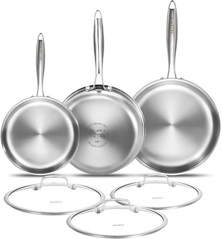 DELARLO Tri-ply Stainless Steel Frying Pan Set 8 10 12 With 3 Lid Induction large Skillets Chef's Pan,Pots and Pans Set Kitchen Cookware Set Suitable for All Stove