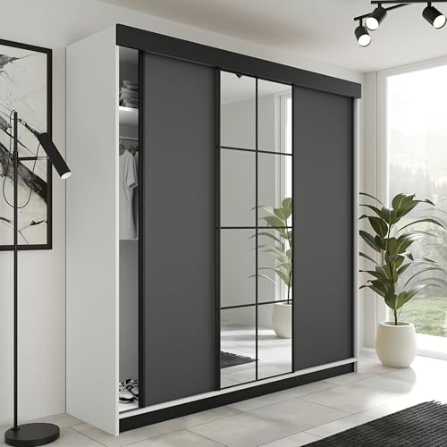 KIER FURNITURE Schiebegarderobe LAMARO mit Spiegel - Schrank Schlafzimmer - Schlafzimmerschrank - Wardrobe Bedroom - Kleiderschränke - Kleiderschrank - 200x205x59cm - Weiß & Graphit