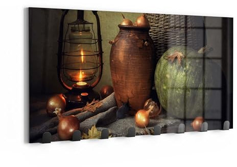DEQORI Wandgarderobe Glas & Metall | Motiv Herbstliche Wärme | 60x30 cm | Design Haken-Leiste modern | Garderoben-Paneel für Flur, Wohnzimmer & Schlafzimmer | magnetisch & beschreibbar