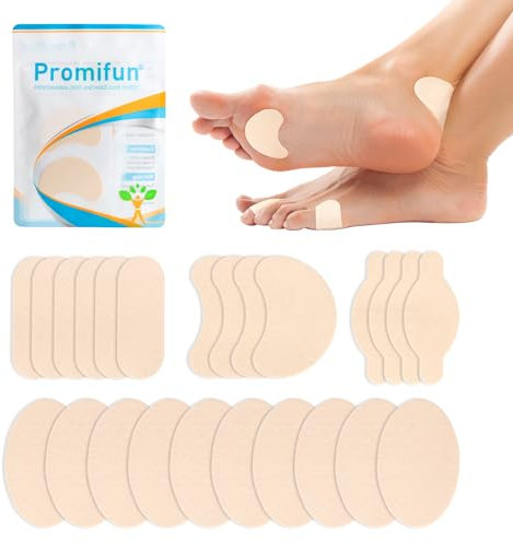 Promifun Moleskin Strips with Adhesive Blister Prevention Pads Mole Skin Tape Stickers for Feet Heel Shoes Padding,24 Sheets of 4 Shapes (48 Pieces Total)