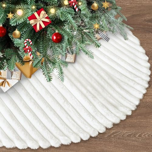 LOMOHOO Christmas Tree Skirt, 36 inch Plush Xmas Tree Skirt White Christmas Tree Skirt, Soft Faux Fur Christmas Tree Base Cover for New Year Holiday Party Christmas Decorations