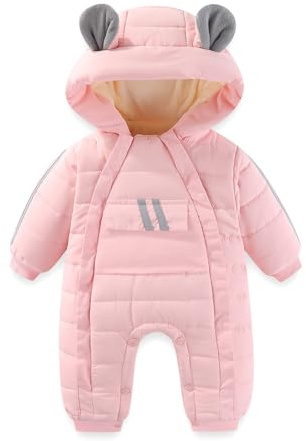JiAmy Baby Girls Boys Winter Snowsuit Warm Hooded Romper Bear Double Zip Up Jumpsuit 3-6 Months Pink