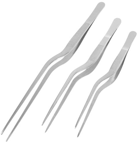 Cabilock Stainless Steel Fish Bone Tweezers Kitchen Tongs 14cm 16cm 20cm Curved Tip Metal Fishbone Remover 3pcs Set for Cooking and Food Plating